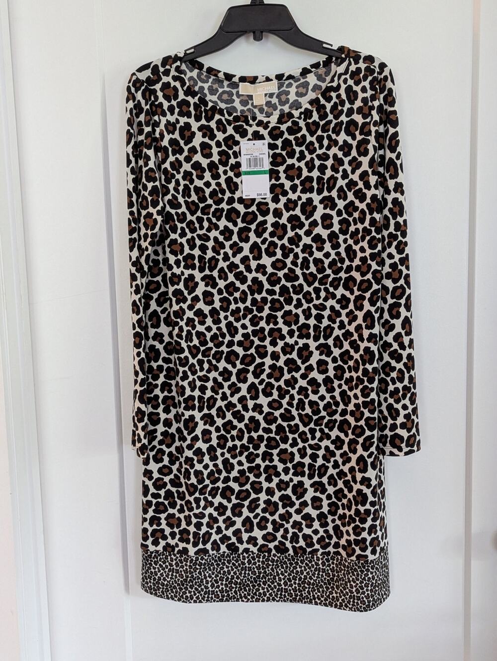 NWT MICHAEL Michael Kors Leopard Print Long Sleeve Shift Dress Caramel Large